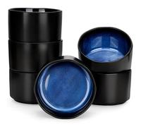 CSYY Bol Céramique Artisanal 500ml, Lot de 6 Noir Extérieur & Bleu Foncé Intérieur pour Salade Dessert Céréales Vaisselle Élégante et Résistante