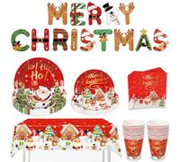 CSYY Ensemble de Vaisselle de Noël, 82 Pièces pour 20 Invités Décoration Fantaisie avec Nappe + Assiettes + Tasses + Serviettes + Drapeau de Dessin Animé de 2,2 m, Tree De Noël Santa Elk