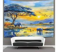 CTAMM Tapisserie Murale Décorative Chambre -Style aquarelle,130cmx150cm-Africa Éléphants Birds Lakes Papier Peint Tissu - Tapestry Aesthetic Wall - Décoration Panoramique