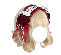 CTCOIJRN Bandeau à fleurs for femmes et filles, accessoires de cheveux Lolita, bandeau en dentelle avec nœud, bandes de cheveux à la mode Bandeaux(Wine Red)