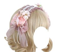 CTCOIJRN Bandeau à fleurs for femmes et filles, accessoires de cheveux Lolita, bandeau en dentelle avec nœud, bandes de cheveux à la mode Bandeaux(Pink)