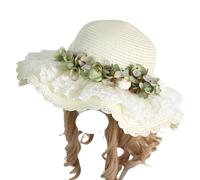 CTCOIJRN Chapeaux de paille de soleil de plage d'été for femmes, chapeau de fleur en dentelle Lolita, chapeaux seau de voyage à large bord Bandeaux(Green Flower)