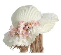 CTCOIJRN Chapeaux de paille de soleil de plage d'été for femmes, chapeau de fleur en dentelle Lolita, chapeaux seau de voyage à large bord Bandeaux(Pink Flower)