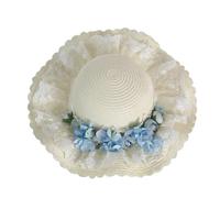 CTCOIJRN Chapeaux de paille de soleil de plage d'été for femmes, chapeau de fleur en dentelle Lolita, chapeaux seau de voyage à large bord Bandeaux(Lightblue Flower)