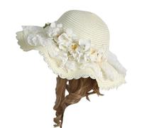 CTCOIJRN Chapeaux de paille de soleil de plage d'été for femmes, chapeau de fleur en dentelle Lolita, chapeaux seau de voyage à large bord Bandeaux(White Flower)