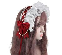 CTCOIJRN Coiffe Lolita, casque de cosplay, bandeau de cosplay de demoiselle d'honneur, bandeau en dentelle à volants, ruban, nœud papillon, chaîne de perles, bandeau de cheveux, accessoires de cheveux
