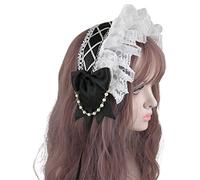 CTCOIJRN Coiffe Lolita, casque de cosplay, bandeau de cosplay de demoiselle d'honneur, bandeau en dentelle à volants, ruban, nœud papillon, chaîne de perles, bandeau de cheveux, accessoires de cheveux