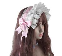 CTCOIJRN Coiffe Lolita, casque de cosplay, bandeau de cosplay de demoiselle d'honneur, bandeau en dentelle à volants, ruban, nœud papillon, chaîne de perles, bandeau de cheveux, accessoires de cheveux