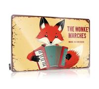 CTDF Plaque décorative en étain avec renard jouant de l'accordéon : The Monkey Marches Made In Sweden - Décoration de bar, de bière - Ensemble vintage (30 x 40 cm)
