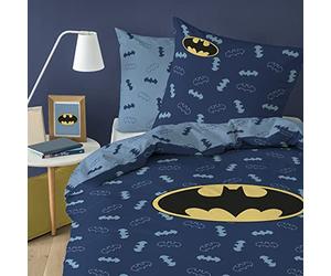 CTI Batman Iconic Parure de Lit Enfant 1 Personne | 100% Coton | Oeko-TEX | Housse de Couette Enfant 140x200 cm + 1 Taie d'oreiller 63x63 cm | Imprimé Réversible Garçon | Bleu Nuit
