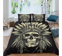 CTJQHVKZ Microfibre Crâne Coiffe Indienne Drap-Housse Noir 3D Printed Plume Gothique Bed Cover pour Chambre Cadeau Décoration Single（135x200cm）