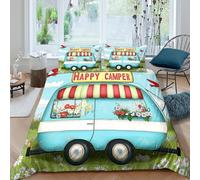 CTJQHVKZ Microfibre Douce Bleu Camping-Car Drap Housse Impression 3D Décor Happy Camper Protection Matelas Lavable Cadeau Chambre Single（135x200cm）