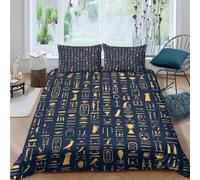 CTJQHVKZ Microfibre Douce Housse de lit Hiéroglyphes égyptiens 3D imprimée Navy Or Protection Matelas Cadeau Décoration Chambre Single（135x200cm）