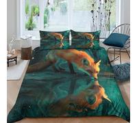 CTJQHVKZ Microfibre Douce Impression 3D Renard Reflet Drap-Housse Orange Vert Décor Chambre Cadeau Maison Single（135x200cm）