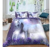 CTJQHVKZ Microfibre Douce Licorne Blanche Drap Housse 3D Imprimé Forêt Violette Rêveuse Bed Cover pour Chambre Cadeau Amis Mariage Single（135x200cm）