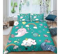CTJQHVKZ Microfibre Doux Narval Arc-en-Ciel Drap Housse 3D Imprimé Couverture de Matelas Nuage Baleine pour Cadeaux Maison Mariage Single（135x200cm）