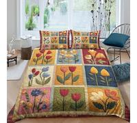 CTJQHVKZ Motif Patchwork Floral Fitted Sheet Microfibre Impression 3D Tulipe Bed Cover, Antidérapant, Lavable, Chambre Maison Décor Single（135x200cm）