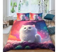 CTJQHVKZ Parure de lit Chat Blanc Nuage Arc-en-Ciel Drap-Housse Microfibre Impression 3D Protection Matelas décor Chambre Cadeau Single（135x200cm）