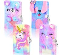 Ctosree Lot de 4 journaux pour filles avec serrure et clé - Carnet pelucheux pour filles - Motif chien chat licorne ours en peluche - Journal d'écriture pour l'école, les voyages, les anniversaires, Noël - 21 x 14 cm