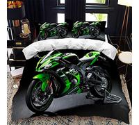 CTQTZ 3D Moto Housse de Couette pour Chambre d'enfant 1 Personne 135x200cm Enfant Noir Vert Moto 3D Parure De Lit Locomotive des Sports thème Parure De Lit en Microfibre