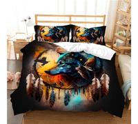 CTQTZ Animaux Housse de Couette pour Chambre d'enfant 1 Personne 90x190 Enfant Bohème Attrape-Rêves Animal Loup 3D Parure De Lit Boho Fleurs Plumes Parure De Lit en Microfibre