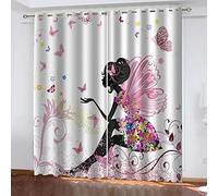 CTQTZ Animé Fille Fleurs Papillon Rideaux occultants Lot de 2 Papillon Fée Rideaux Opaques Moderne 264x242 cm (Largeur x Hauteur) Rideaux avec Oeillets pour Chambre d'enfant