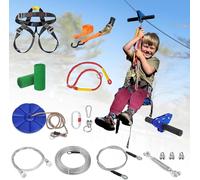 CTSC Kit de tyrolienne pour jardin, 32 m, pour enfants et adultes, avec frein à ressort en acier inoxydable, kit de tension, harnais de sécurité, protections d'arbre (32 m, bleu)