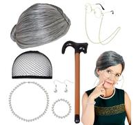 CTYUEYUN Kit de déguisement de vieille dame 8 pièces comprenant une perruque de vieille femme, des lunettes, des boucles d'oreilles, un bracelet, un collier, une canne gonflable, des accessoires de