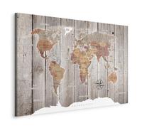 Cuadros B&D XXL - Tableau décoratif Carte du monde 120x80 cm - Impression sur toile - Décoration murale pour salon et chambre - Noir beige marron - Bois continents cartes monde fond k-C-0050-b-b