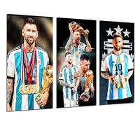 Cuadros Cámara Lot de 3 tableaux décoratifs muraux modernes pour salon, chambre, chambre à coucher, impression sur bois avec crochets, football, messi, Argentine, 97 x 62 cm
