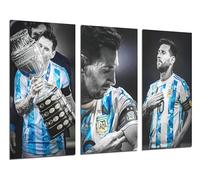 Cuadros Cámara Lot de 3 tableaux décoratifs muraux modernes pour salon, chambre, chambre à coucher, impression sur bois avec crochets, football, messi, Argentine, 97 x 62 cm