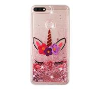 CUAgain Coque Compatible avec Huawei Honor 7C/Y7 Prime 2018/Y7 2018 Transparent Silicone Motif Paillettes 3D Antichoc Etui Liquide Transparente Bumper Case Housse pour Femme Fille Homme,Licorne Rose