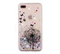 CUAgain Coque compatible avec iPhone 8 Plus/iPhone 7 Plus Transparent Silicone Motif Paillettes 3D Antichoc Drôle Etui Liquide Transparente Bumper Case Housse pour Femme Fille Homme,Pissenlit/papillon
