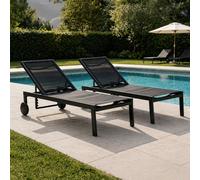 Cuba - Lot De 2 Bains De Soleil Inclinables Noir Avec Roues En Aluminium