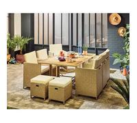 Cuba - salon de jardin encastrable en résine tressé beige - 10 places - coussins beige + housse de protection - Beige
