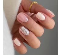Cubahop 24 pcs Carré Faux Ongles Nude Ongles Courts GLITTER Impression sur Ongles pour Femmes et Filles