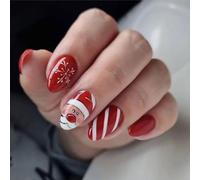 Cubahop 24 PCS ongles de Noël court ovale faux ongles rouge Wapiti forêt flocon de neige crutch faux ongles bonhomme de neige femmes et filles presser les ongles (A)