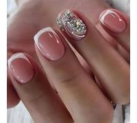 Cubahop 24pcs français court carré faux ongles nu fleur rose faux ongles strass papillon presse - ongles (Couleur rose2)