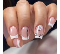 Cubahop 24pcs français court carré faux ongles nu fleur rose faux ongles strass papillon presse - ongles (Couleur rose1)