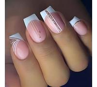 Cubahop 24pcs Français moyen carré faux ongles nu rose avec brillant faux ongles femmes et les filles (P4)