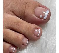 Cubahop 24pcs French Square faux orteils Nails Nude faux orteils Heart Glossy Toe Nails tips pour femmes et filles (N3)