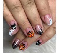 Cubahop 24pcs Halloween pressing Nails court faux ongles Pumpkin Ghost Design mignon cosplay faux ongles brillants pour les femmes (Couleur rose, 0.04 ml (Pack of 24))