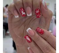 Cubahop 24pcs Noël ongles courts carrés faux ongles rouge Wapiti forêt flocon de neige faux ongles bonhomme de neige feuille d'or Glitter pressé sur les ongles des femmes et des filles (A)