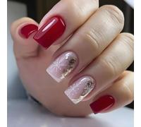 Cubahop 24pcs Noël ongles courts carrés faux ongles rouge Wapiti forêt flocon de neige faux ongles bonhomme de neige feuille d'or Glitter pressé sur les ongles des femmes et des filles (F)