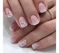 Cubahop Lot de 24 faux ongles carrés de taille moyenne avec strass en acrylique - Motif floral rose - Dégradé d'amour - Faux ongles à coller sur les ongles pour femmes et filles (D)