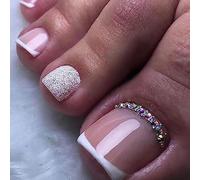 Cubahop Lot de 24 faux ongles carrés en strass pour ongles d'orteils brillants en forme de cœur pour femmes et filles (Couleur rose 2)