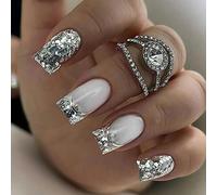 Cubahop Lot de 24 faux ongles courts carrés argentés dégradés à paillettes pour femmes et filles