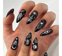 Cubahop Lot de 24 faux ongles en forme d'amande pour Halloween - Couverture complète - Serpent démon - Paillettes - Ciel étoilé - Dégradé - Pour femmes et filles (noir 1)