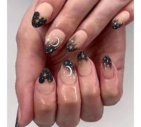 Cubahop Lot de 24 faux ongles en forme d'amande pour Halloween - Couverture complète - Serpent démon - Paillettes - Ciel étoilé - Dégradé - Pour femmes et filles (noir 3)