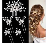 Cubahop Lot de 5 épingles à cheveux en forme de feuille pour mariée - Accessoires de cheveux avec perles - Pour femmes et filles - Argenté